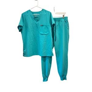 FIGS Scrub Set Womens L Catarina Top Zamora Jogger Pants Teal Blue Drawstring